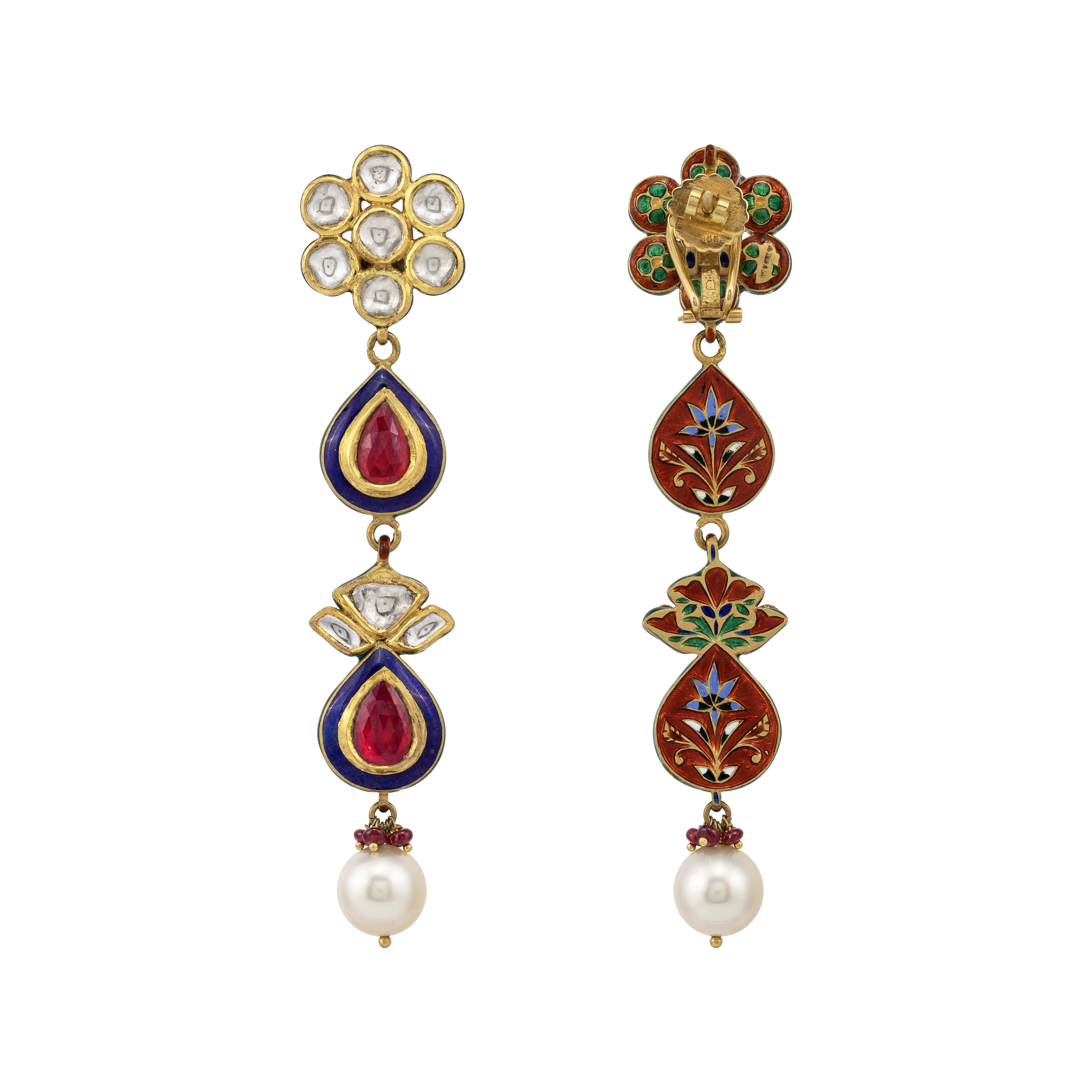 Floral Red Polki Earrings with Blue Enamel and Pearl Drop